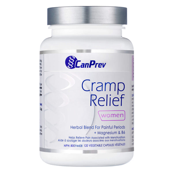 Bottle of CanPrev Cramp Relief - Women 120 Vegetable Capsules