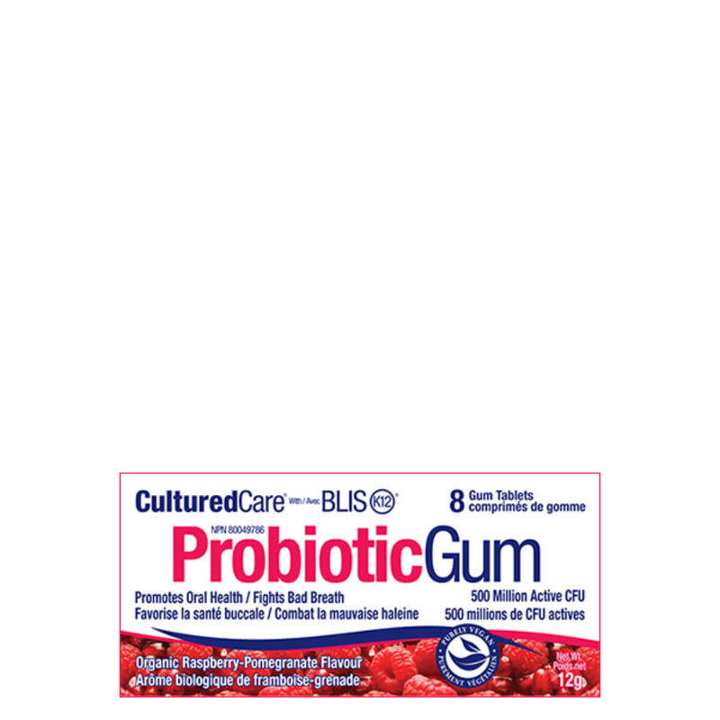 Box of CulturedCare® Probiotic Gum Raspberry Pomegranate 8 Pieces