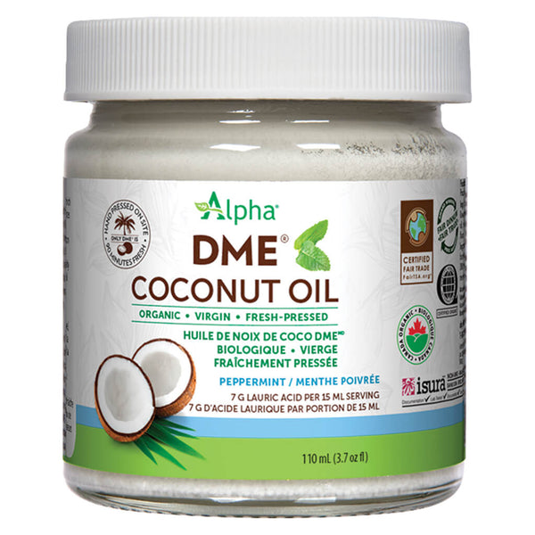 Jar of Alpha Health DME Coconut Oil Peppermint Flavour 110 mL