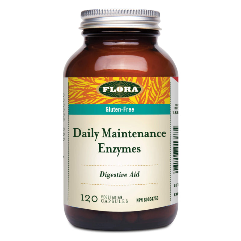 Bottle of Flora Daily Maintenance Enzymes 120 Vegetarian Capsules