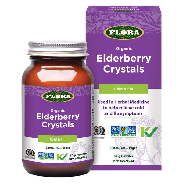 Box & Bottle of Flora Organic Elderberry Crystals Cold & Flu 50 Grams Powder | Optimum Health Vitamins, Canada