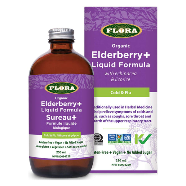Bottle and Box of Flora Elderberry+ Liquid Formula 250 Milliliters