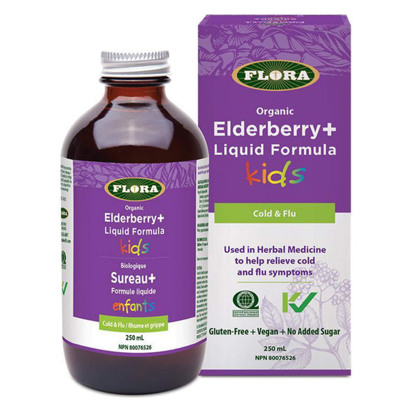 Bottle and Box of Flora Elderberry+ Liquid Formula for Kids 250 Milliliters