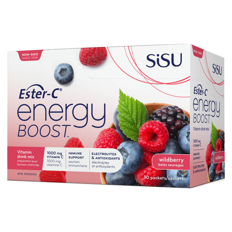 Box of Ester-C Energy Boost Vitamin Drink Mix Wildberry 30 Packets