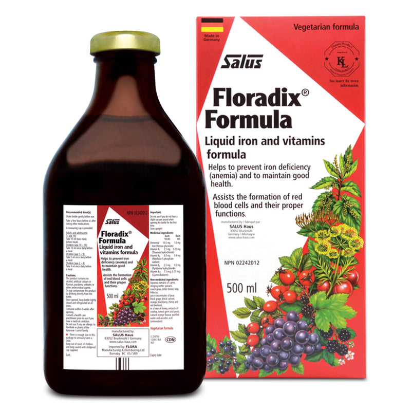 Bottle and Box of Salus Floradix® Iron & Vitamins Formula Shrink Pack 500 Milliliters