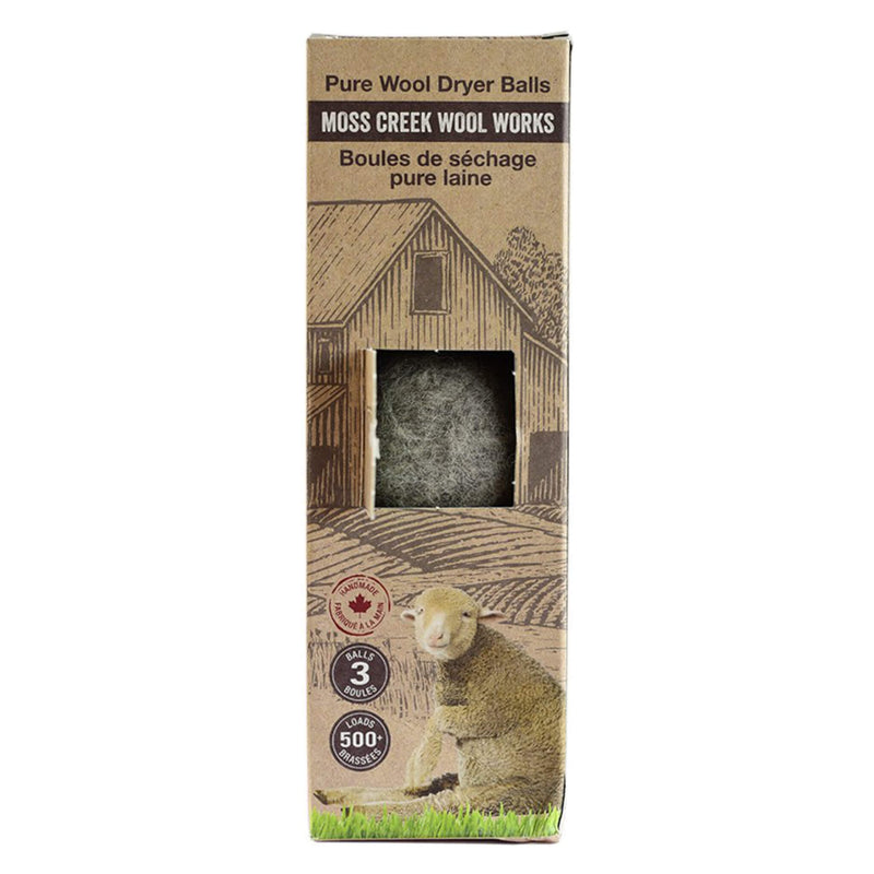 Box of Moss Creek Wool Works Grey Pure Wool Dryer Balls 3-Pack