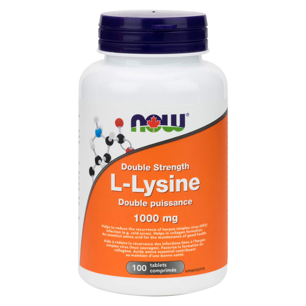 Bottle of NOW Foods Double Strength L-Lysine 1000 mg 100 Tablets