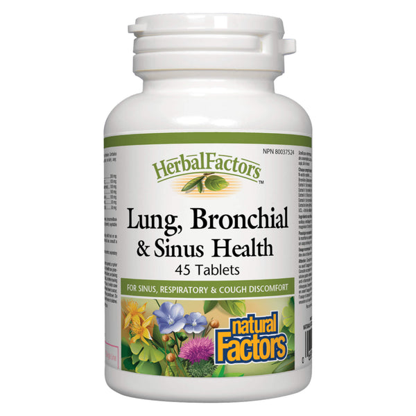 Bottle of Natural Factors HerbalFactors Lung, Bronchial & Sinus Health 45 Tablets | Optimum Health Vitamins, Canada