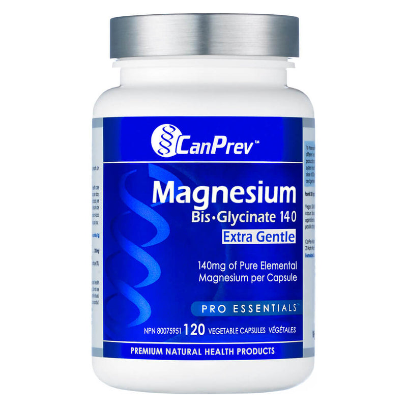 Bottle of CanPrev Magnesium Bis-Glycinate 140 Extra Gentle 120 Vegetable Capsules