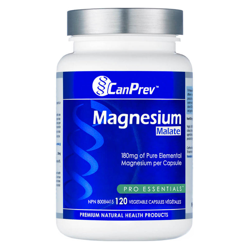 Bottle of CanPrev Magnesium Malate 120 Vegetable Capsules