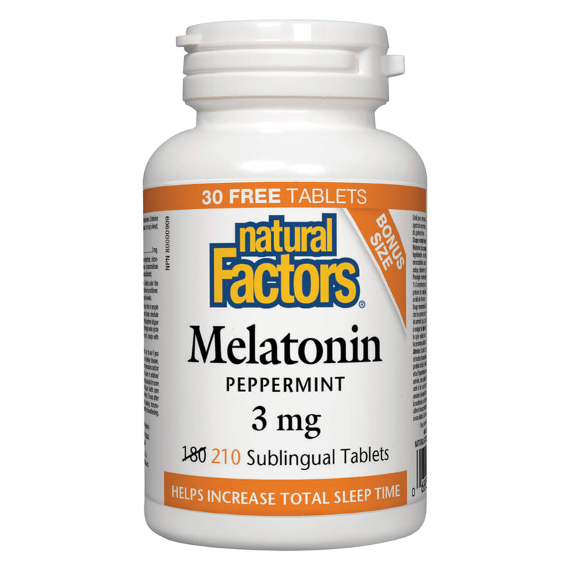 Bottle of Natural Factors Melatonin 3 mg Peppermint 210 Sublingual Tablets