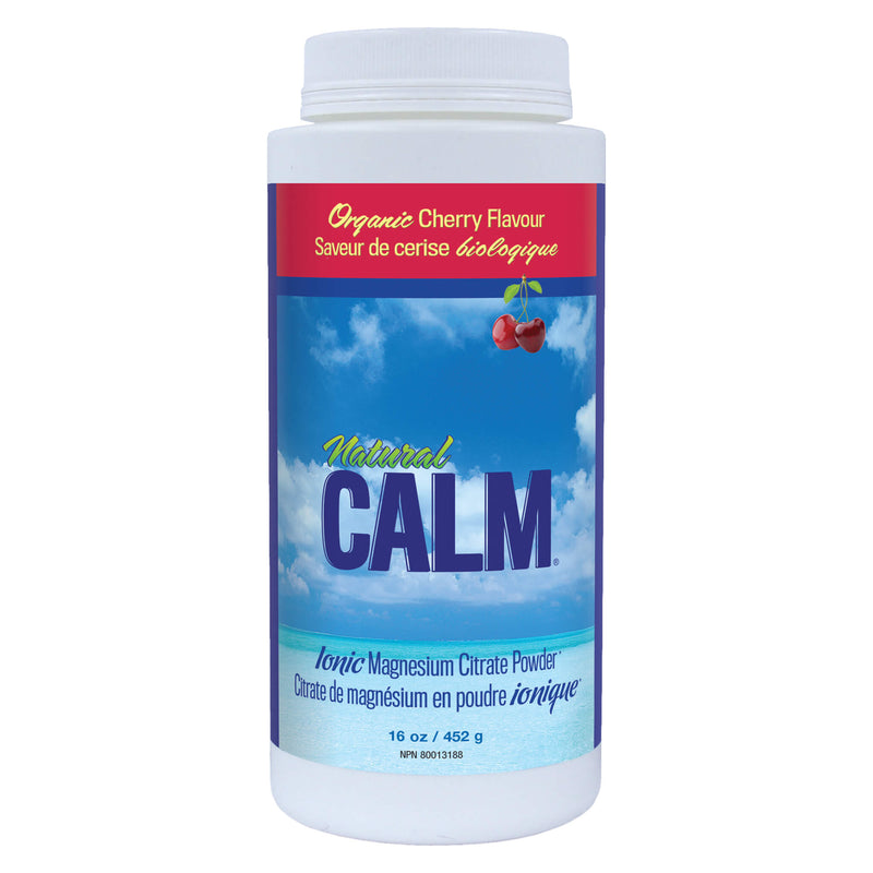 Bottle of Natural Calm Ionic Citrate Powder Organic Cherry Flavour 452 Grams 16 Ounces | Optimum Health Vitamins, Canada