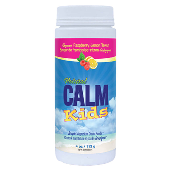 Bottle of Natural Calm Kids Ionic Magnesium Citrate Powder Organic Raspberry-Lemon Flavour 113 Grams 4 Ounces | Optimum Health Vitamins, Canada