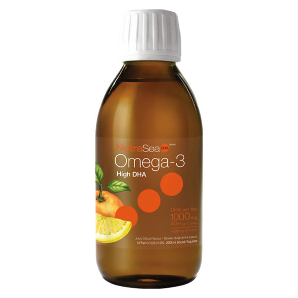 Bottle of NutraSea DHA Squid High DHA Omega-3 Liquid Juicy Citrus 200 Milliliters