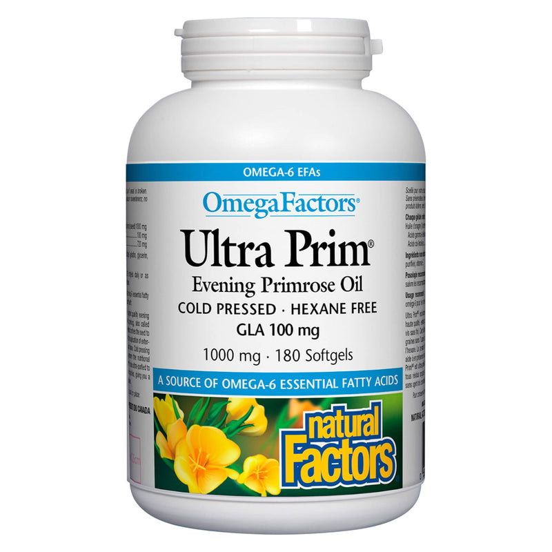 Bottle of Natural Factors OmegaFactors Ultra Prim Evening Primrose Oil 1000 mg 180 Softgels