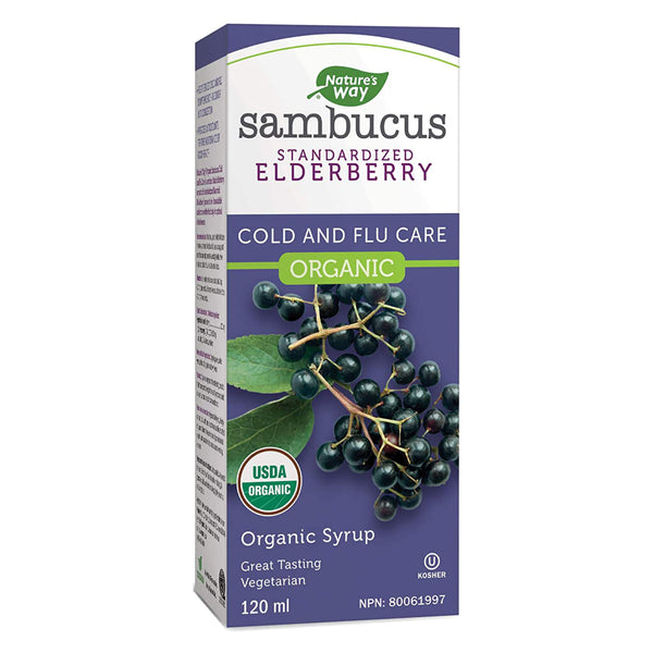 Box of Nature's Way Organic Sambucus Cold and Flu Care, Elderberry Syrup 120 Milliliters