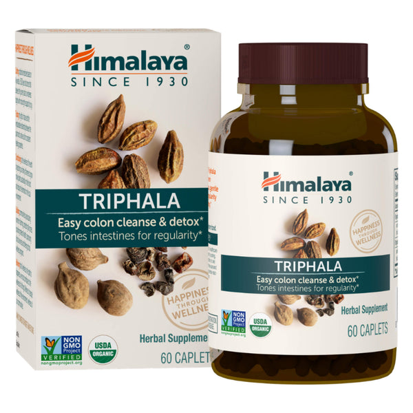 Box and Bottle of HImalaya Organic Triphala 60 Capulets