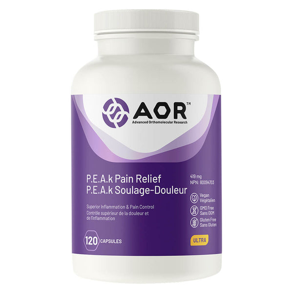 Bottle of AOR P.E.A.k Pain Relief 419 mg 120 Capsules