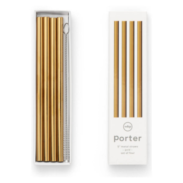W & P Designs Porter Gold Metal Straws with Cleaner 4 Pack