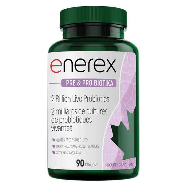 Bottle of Enerex Pre & Pro Biotika 2 Billion Live Probiotics 90 Delayed-Release Capsules | Optimum Health Vitamins, Canada