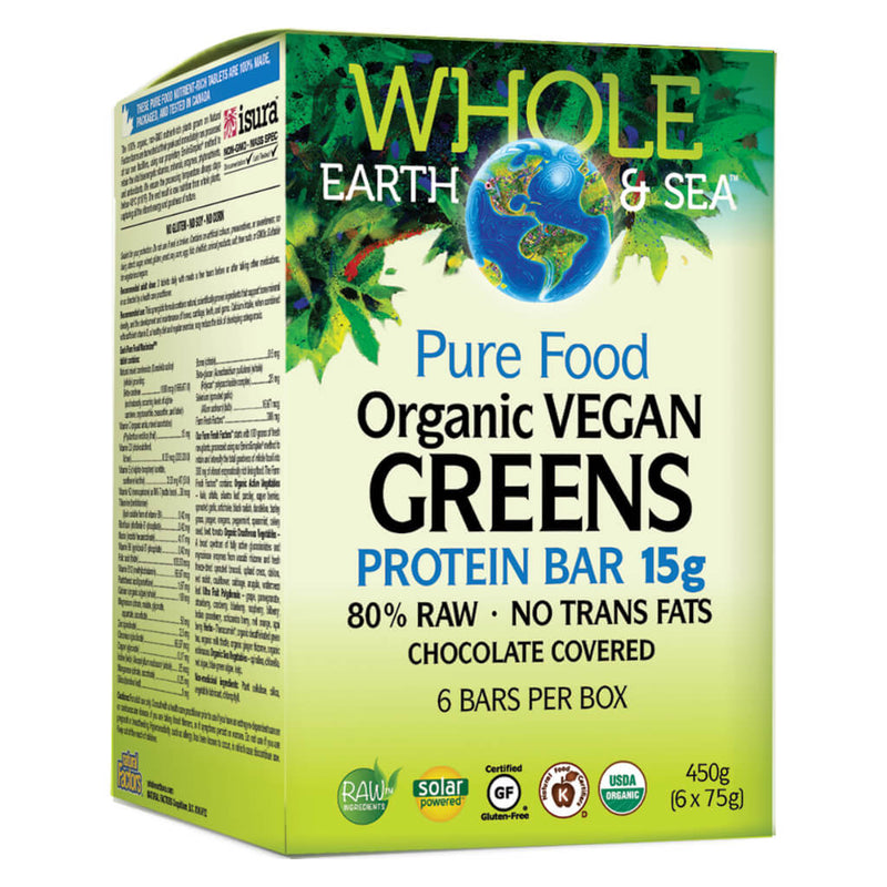 Box of Organic Vegan Greens Protein Bars 6 Pieces 75 Grams
