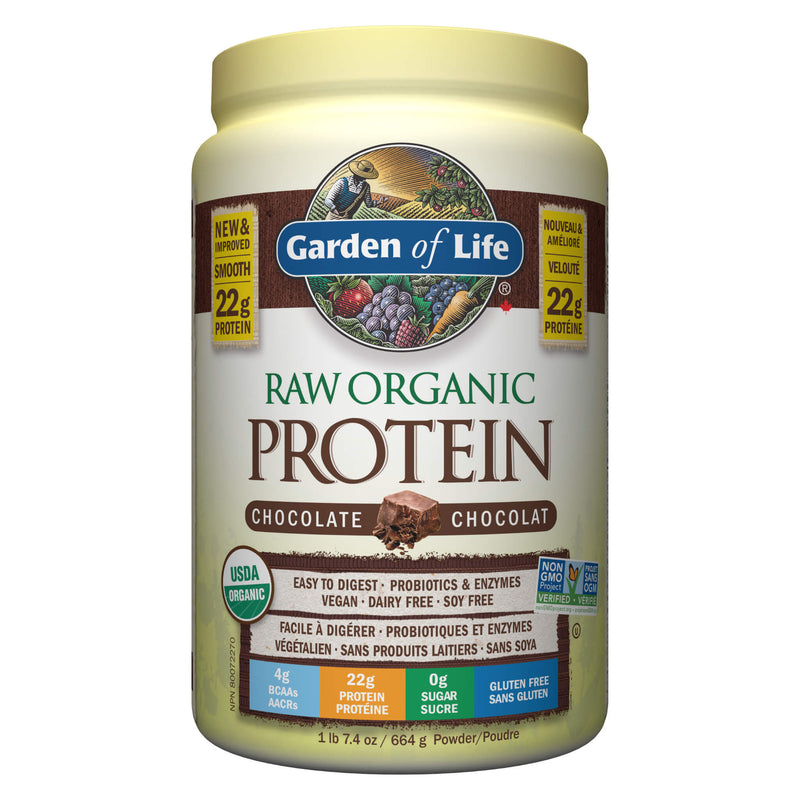 Container of Garden of Life Raw Organic Protein Chocolate Flavour 664 Grams