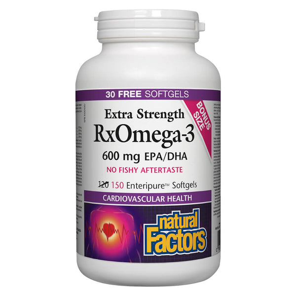 Bottle of Rx Omega-3 Extra Strength 600 mg 150 Enteripure Softgels Bonus Size