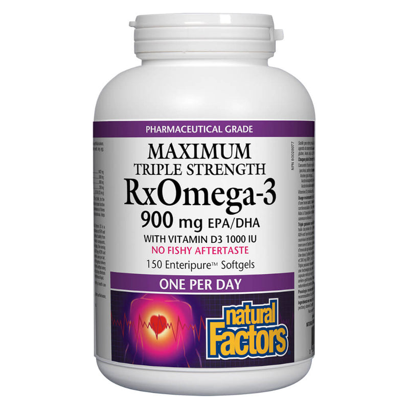 Bottle of Rx Omega-3 Maximum Triple Strength 900 mg w/ Vitamin D3 150 Enteripure Softgels