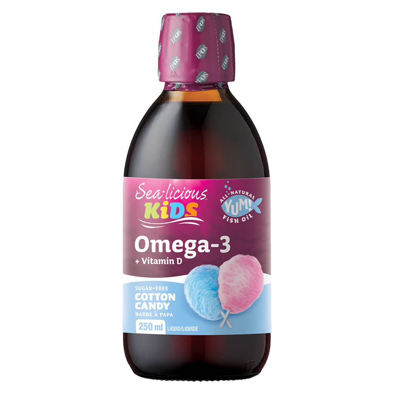 Bottle of Sea-licious Kids Omega-3 + Vitamin D Cotton Candy Flavour 250 Milliliters