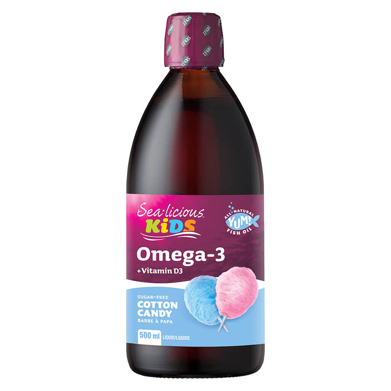 Bottle of Sea-licious Kids Omega-3 + Vitamin D Cotton Candy Flavour 500 Milliliters