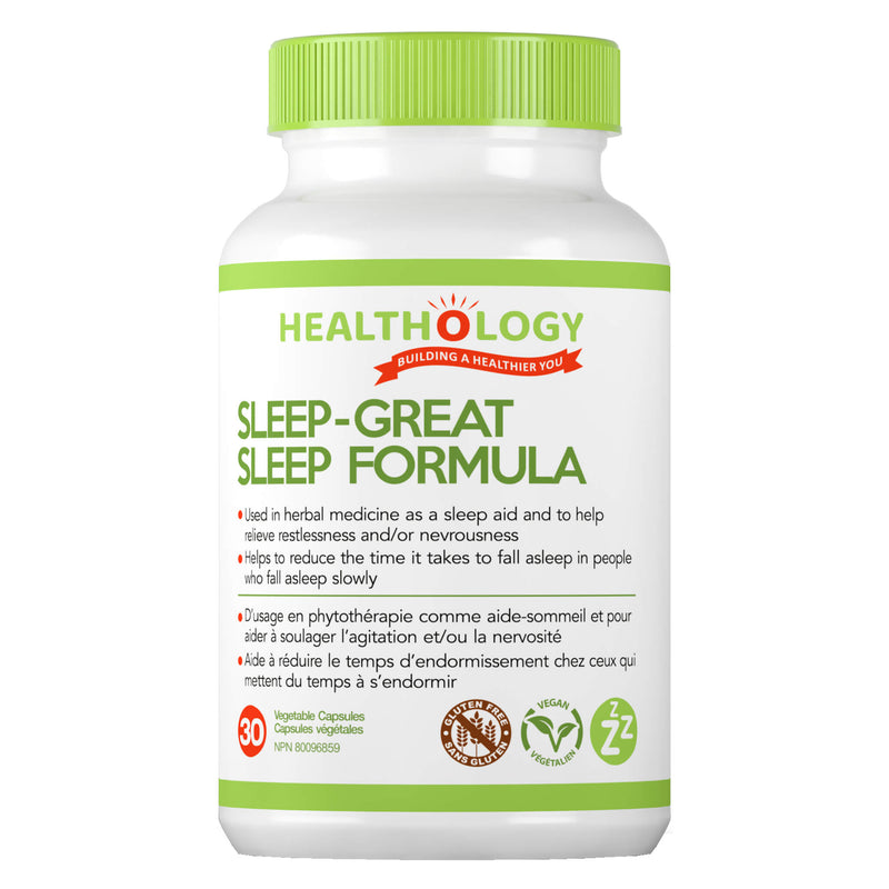 Bottle of Healthology Sleep-Great Sleep Fomrula 30 Vegetable Capsules