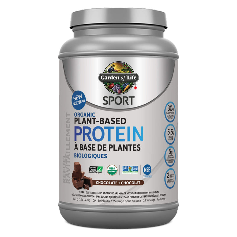 Container of Garden of Life SPORT Organic Plant-Based Protein Chocolate Flavour 840 Grams