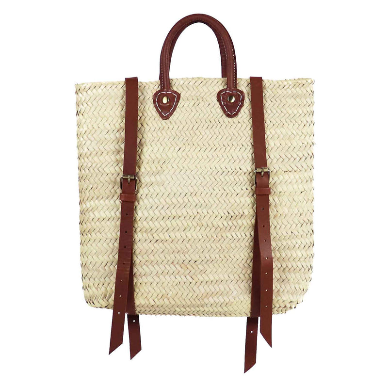 Panama Straw Backpack with leather handle and straps, Front View