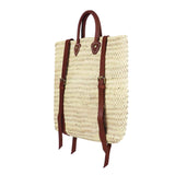 Panama Straw Backpack with leather handle and straps, Side View