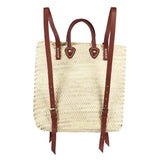 Panama Straw Backpack with leather handle and straps, Back View