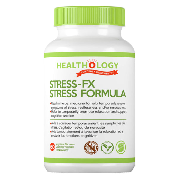 Bottle of Healthology Stress-FX Stress Formula 60 Vegetable Capsules