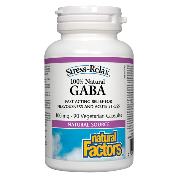 Bottle of Stress-Relax 100% Natural GABA 100 mg 90 Vegetarian Capsules | Optimum Health Vitamins, Canada