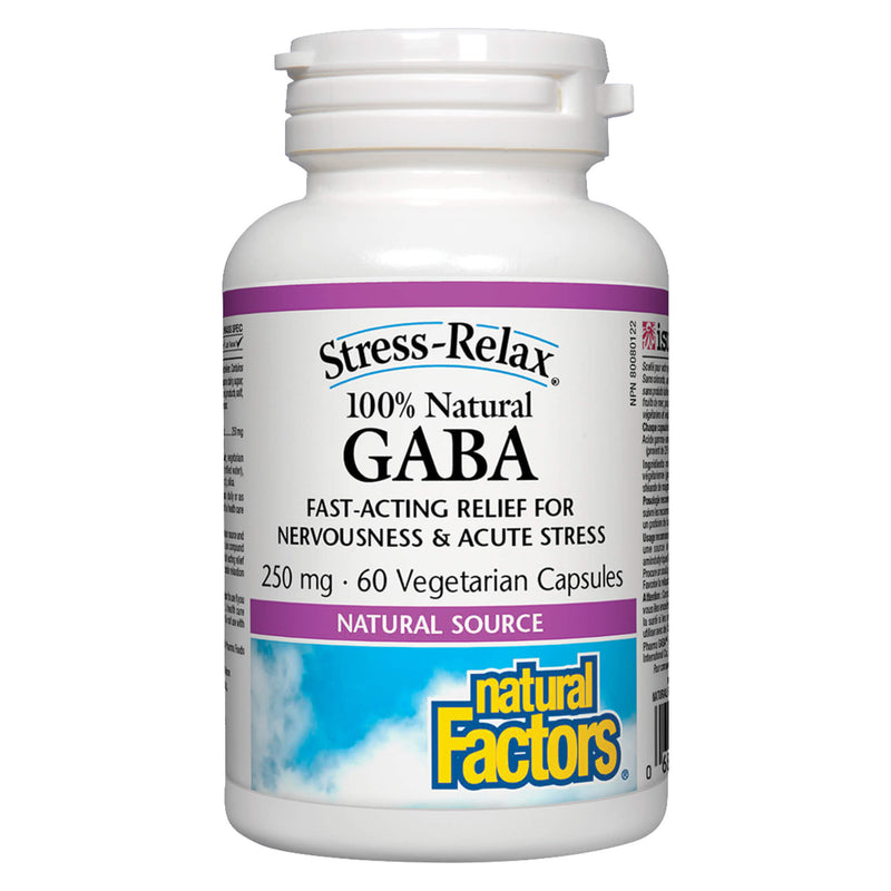 Bottle of Natural Factors Stress-Relax 100% Natural GABA 250 mg 60 Vegetarian Capsules | Optimum Health Vitamins, Canada
