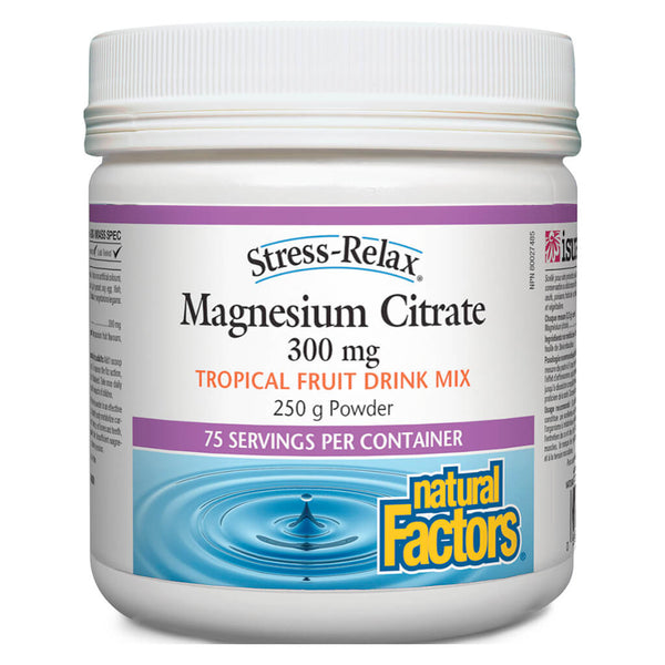 Container of Stress-Relax® Magnesium Citrate Powder Tropical Fruit Drink Mix 250 Grams