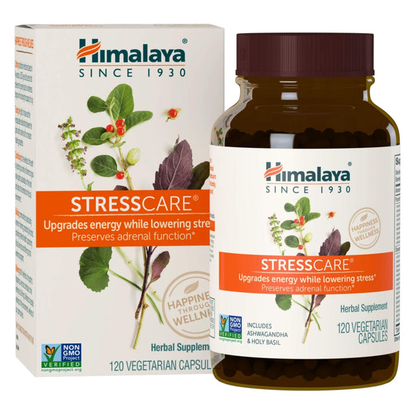 Bottle of Himalaya StressCare 120 Vegetarian Capsules with Box