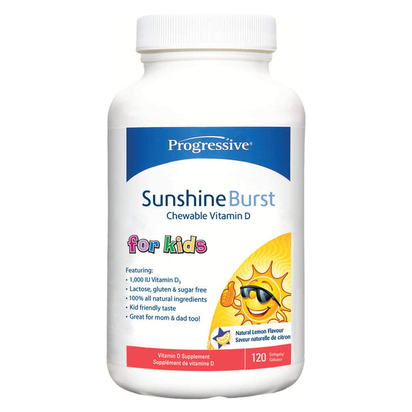 Bottle of Progressive SunshineBurst Chewable Vitamin D for Kids 120 Softgels