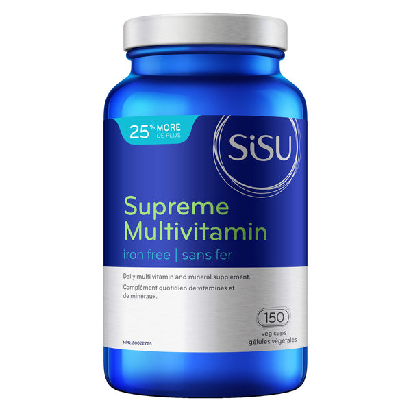 Bottle of Sisu Supreme Multivitamin Iron-Free 120+30 Vegetarian Capsules Bonus Size