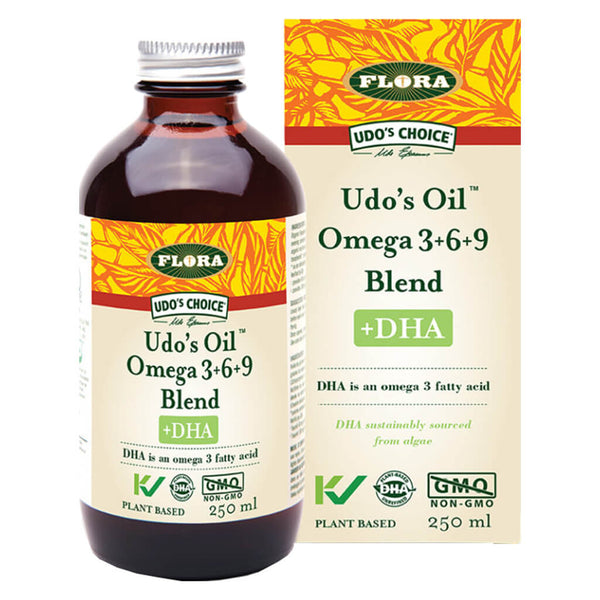 Bottle & Box of Udo's Oil Omega 3-6-9 Blend +DHA 250 Milliliters