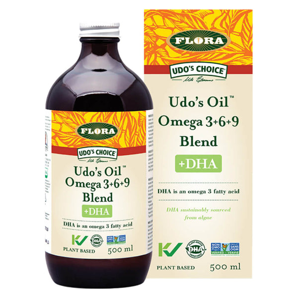 Bottle & Box of Udo's Oil Omega 3-6-9 Blend +DHA 500 Milliliters