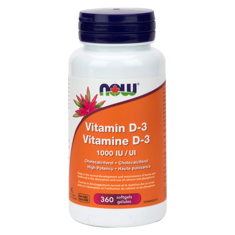 Bottle of NOW Foods Vitamin D-3 1000 IU 360 Softgels