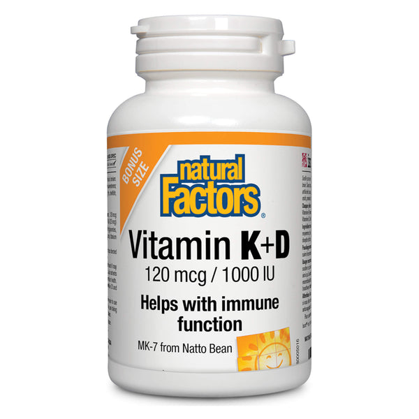Bottle of Natural Factors Vitamin K 120 mcg & Vitamin D 1000 IU 180 Softgels