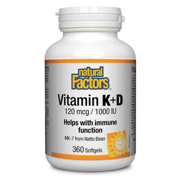 Bottle of Natural Factors Vitamin K 120 mcg & Vitamin D 1000 IU 360 Softgels