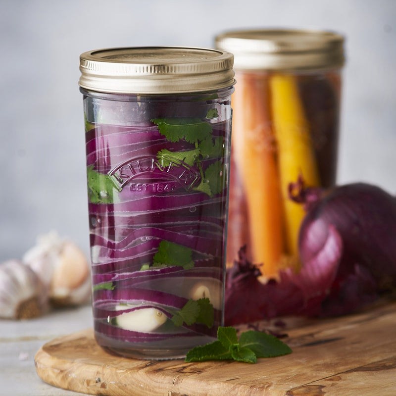 Kilner Preserve Jar Filled with Pickled Red Onions and Carrots