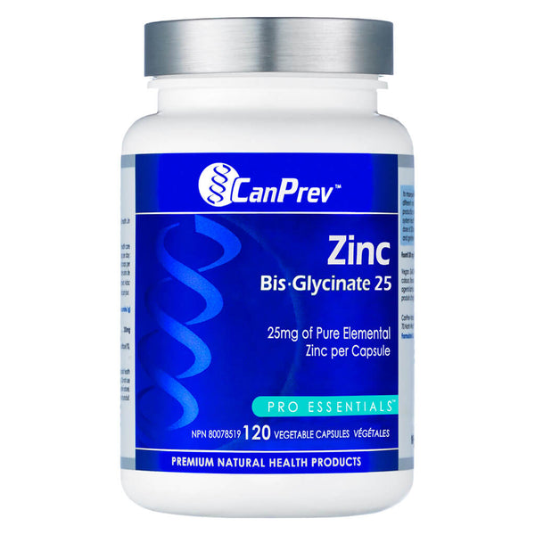 Bottle of CanPrev Zinc Bis-Glycinate 25 mg 120 Vegetable Capsules