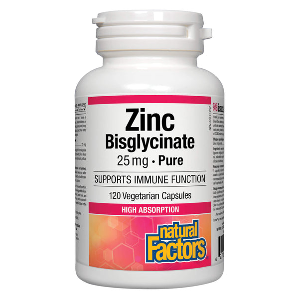 Natural Factors Zinc Bisglycinate 25 mg (120 Vegetarian Capsules) | Optimum Health Vitamins, Canada